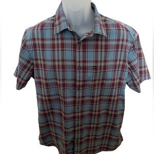 QUIKSILVER plaid maroon, blue & yellow short sleeve shirt men L large